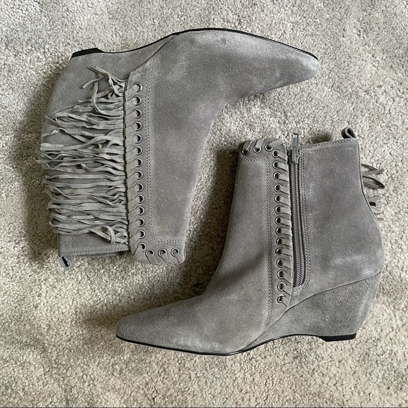 Matisse Gray Suede Sissy Fringe Chunky Wedge Boots - Picture 5 of 12